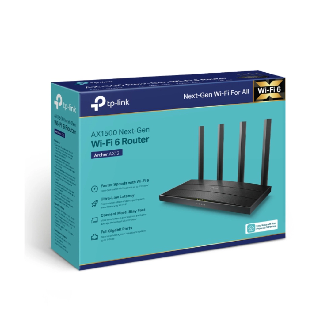 Vista de la caja del Router TP-Link Archer AX12, se aprecia las caracteristicas que este integra