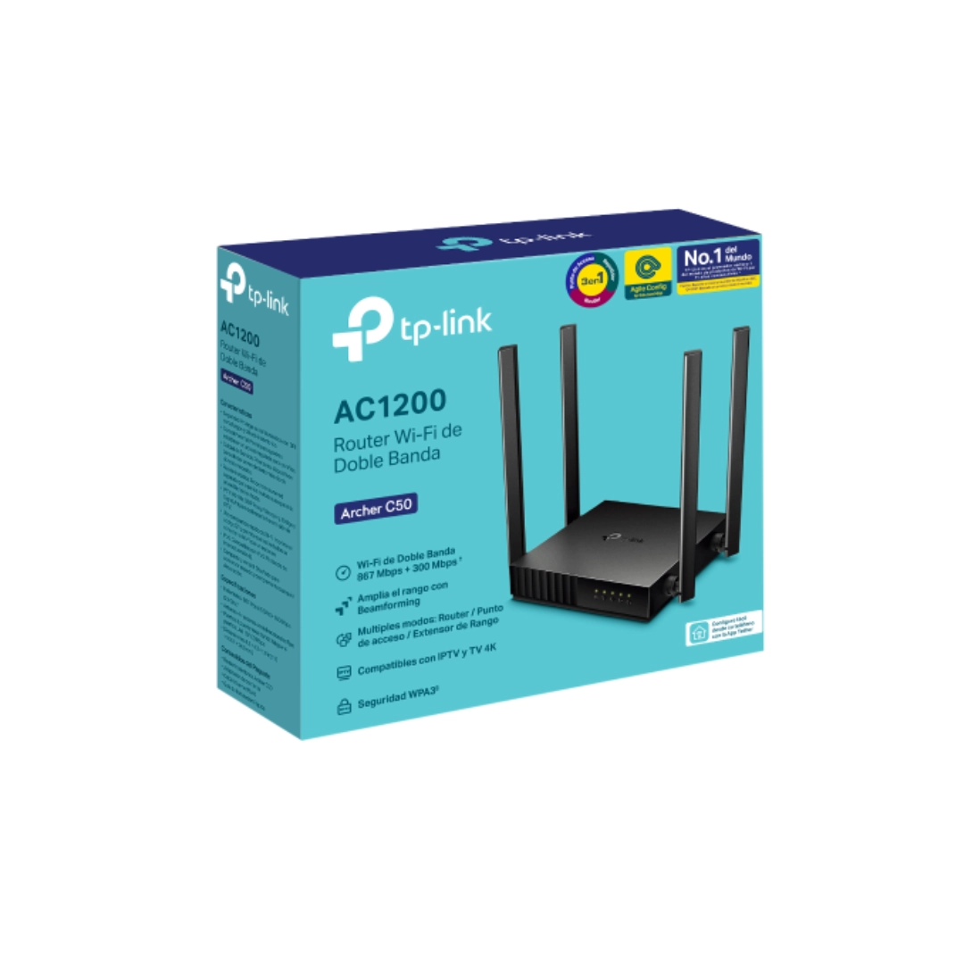 Vista del Router TP-Link Archer C50 en su caja, se aprecia las caracteristicas