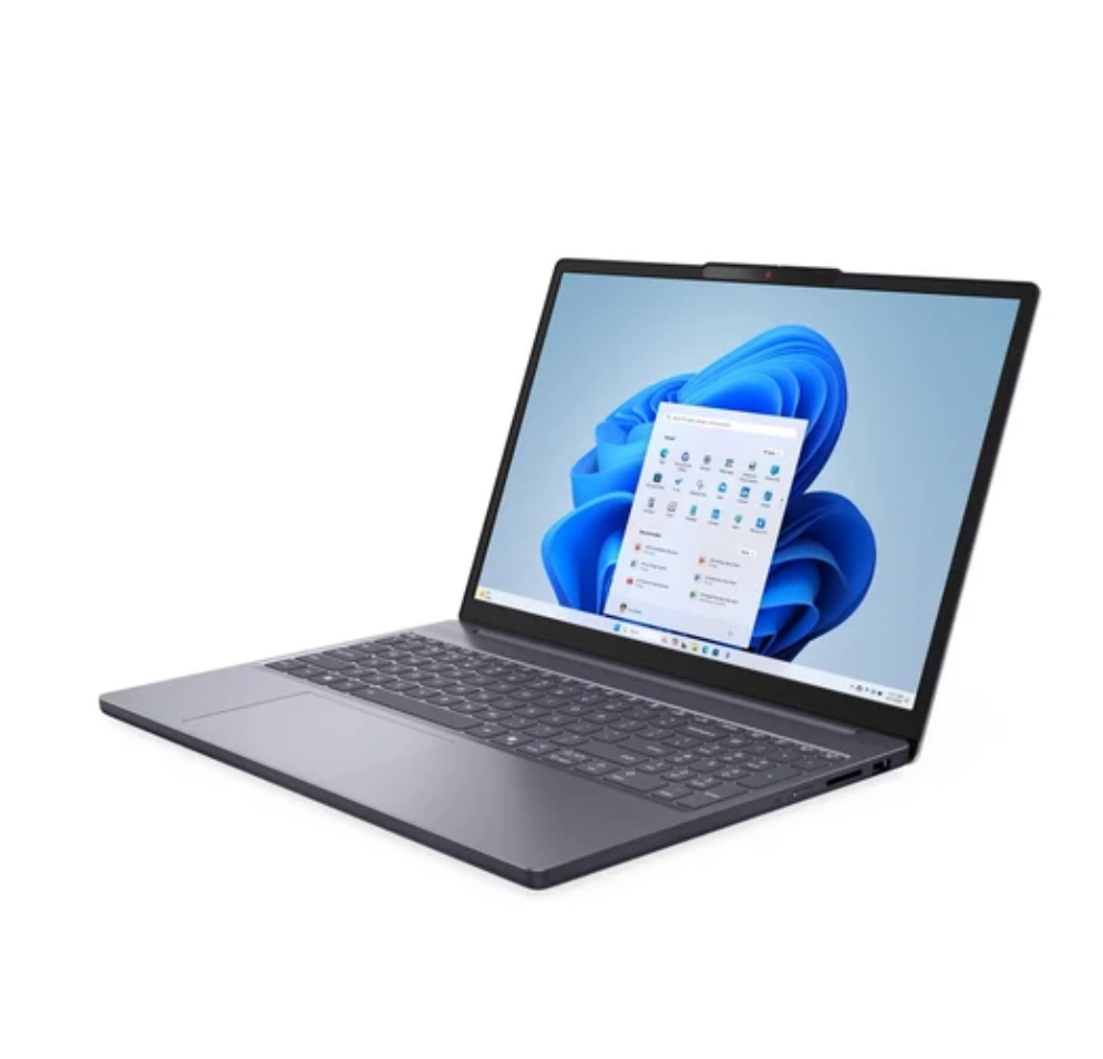 Vista del Lenovo IdeaPad Slim 3 15ARP10, se aprecia el latreral derecho con uno de sus puertos, la apertura, la pantalla y teclado