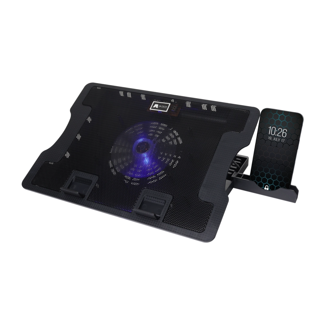 Vista frontal de la base refrigerante jaltech, se puede apreciar el soporte tanto para pc como para movil