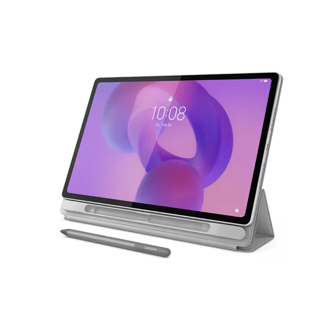 Vista de la parte frontal de la tablet lenovo, se aprecia en su estuche con el lapiz