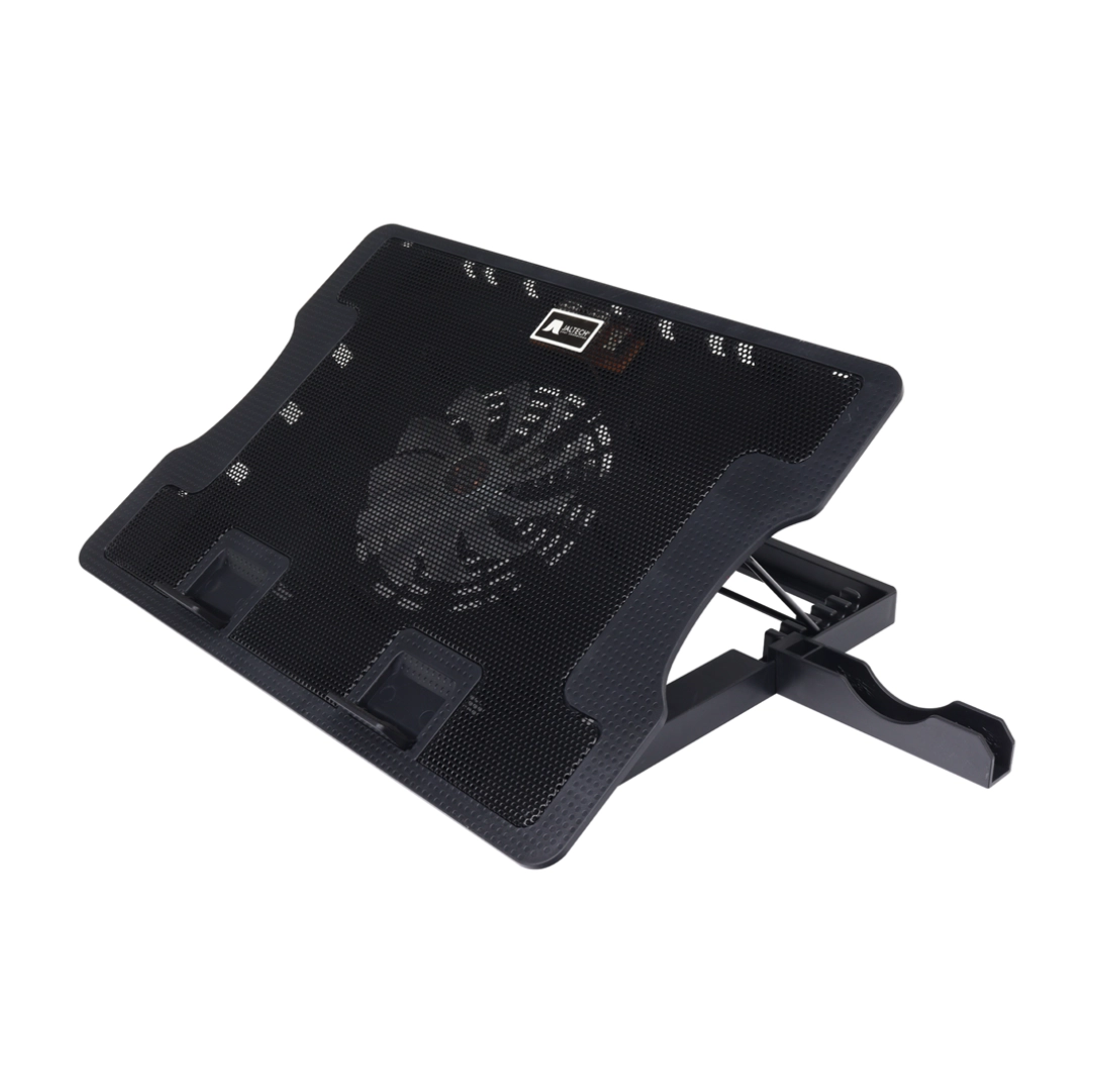 Vista frontal de la base refrigerante jaltech, se puede apreciar el soporte tanto para pc como para movil