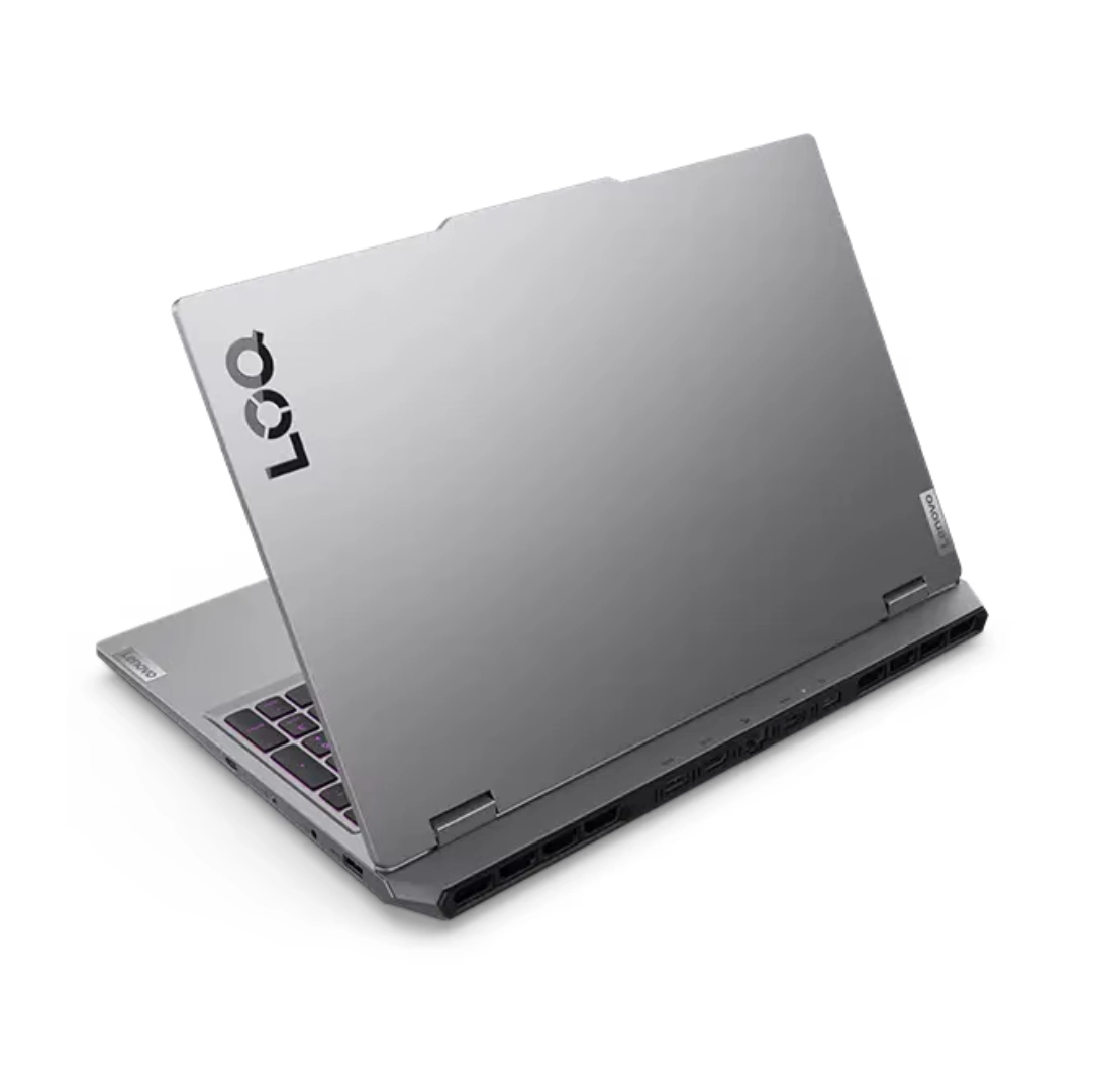 Vista de la parte de atras del portatil Portátil Lenovo LOQ 15AHP10, se puede ver la silueta y el color gris de este