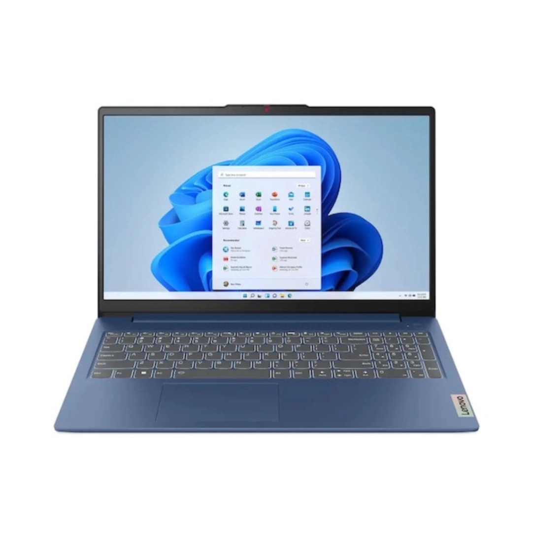 Vista de la parte frontal del portatil, se puede apreciar el color azul de este, su pantalla y teclado