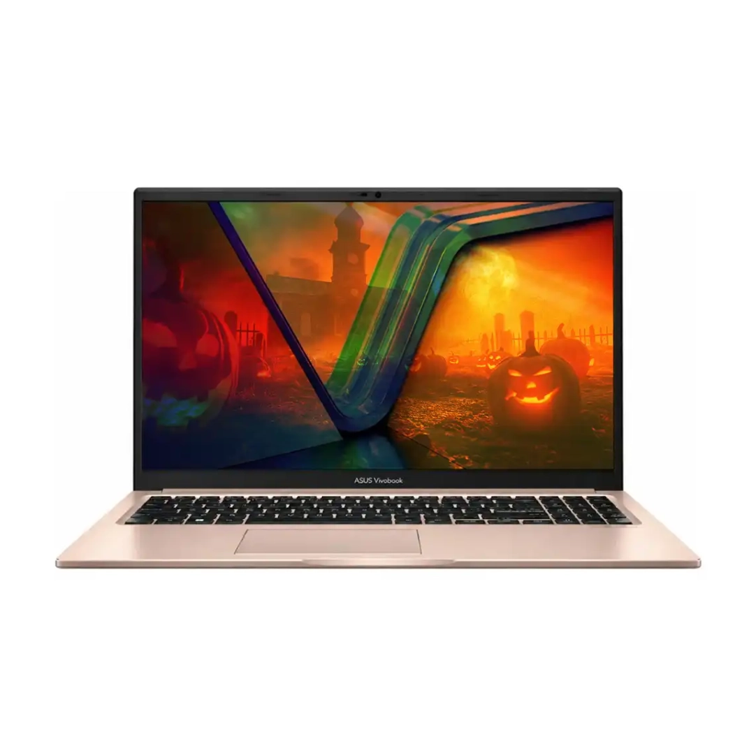 Vista desde la parte frontal del portatil, asus, se aprecia el color terracota y la pantalla y el teclado