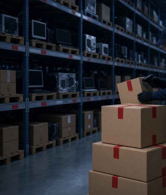 Bodega con cajas de equipos de tecnología listas para despacho