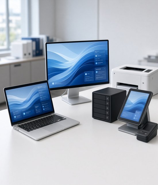 Escritorio de oficina con portátil, monitor, impresora, servidor y punto de venta
